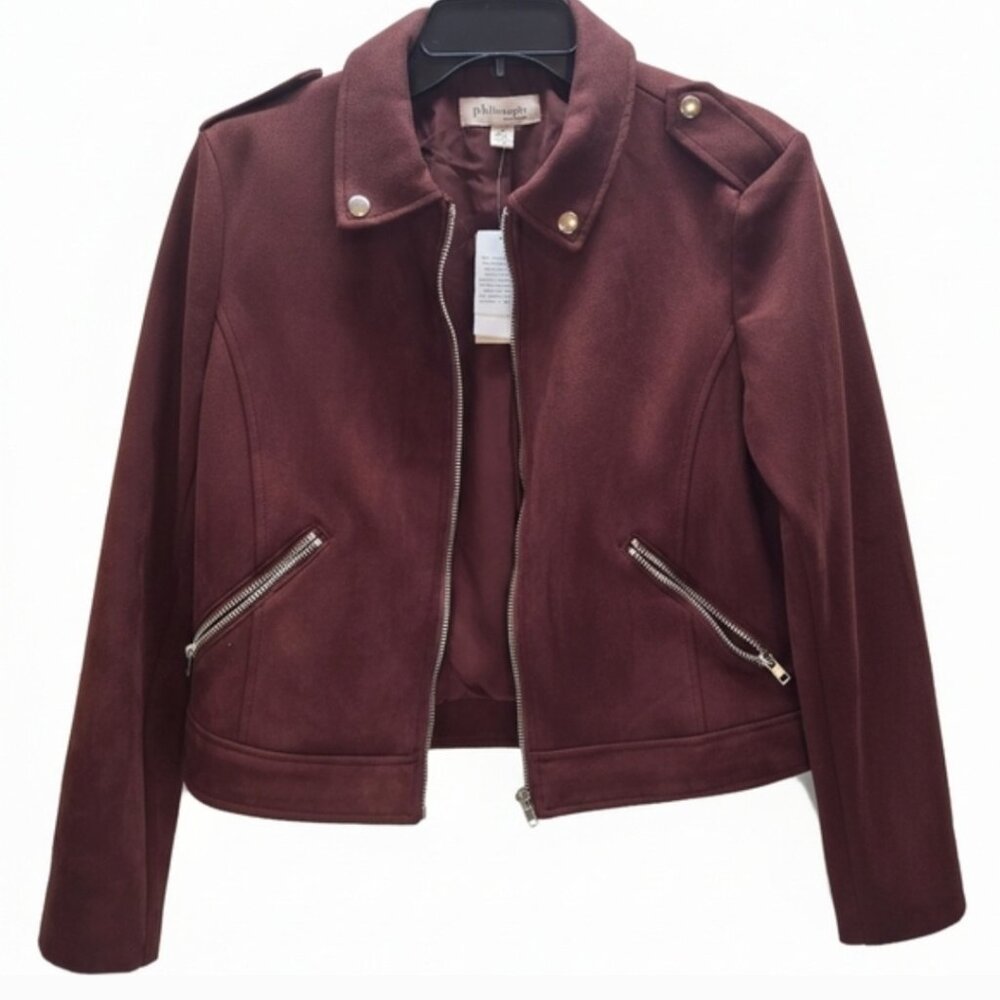 PHILOSOPHY  WOMEN'S BURGUNDY FAUX SUEDE ZIP FRONT MOTO JACKET  SZ L NWT